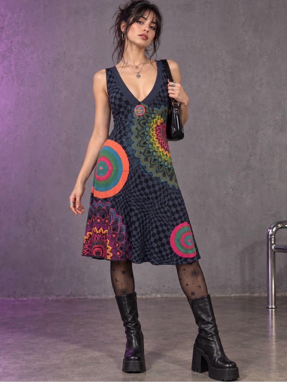 Desigual V-neck sleeveless Midi Dress Colorful boho Festival xl whimsigoth